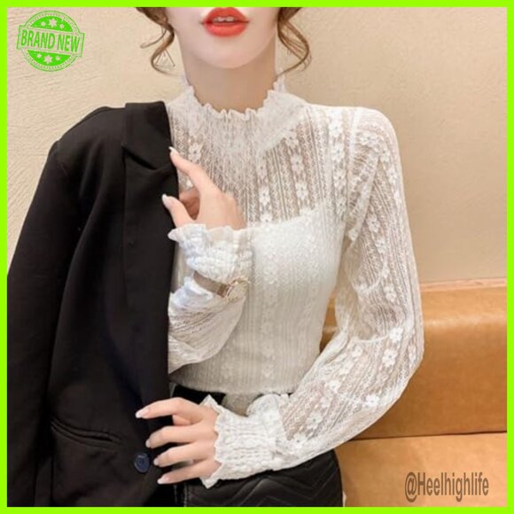 Sheer Lace Blouse Long Sleeve Mock Neck Floral Top Layering - Picture 3 of 7